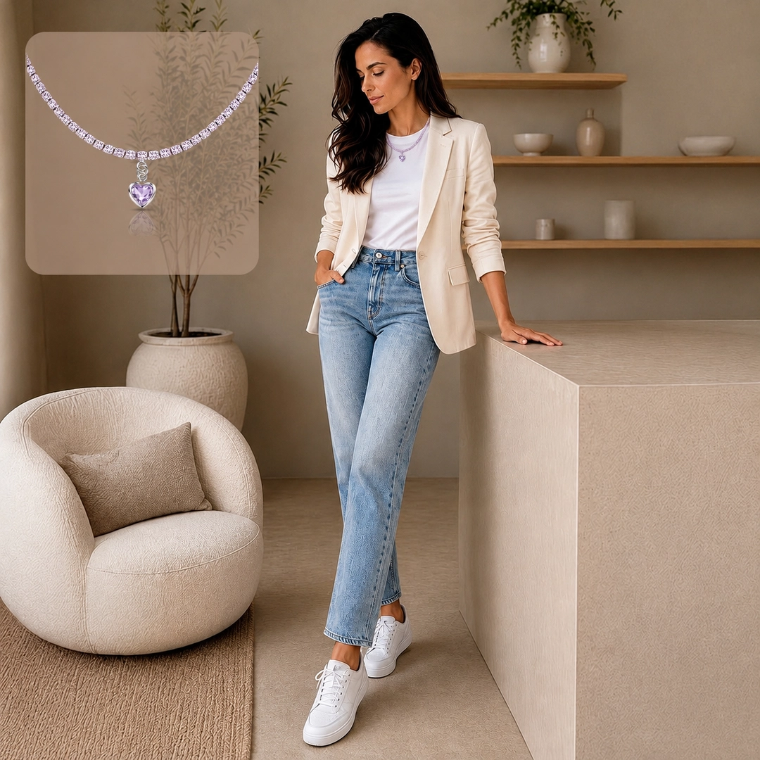 Gargantilha Choker Riviera com Zircônias Ametista e Pingente de Coração