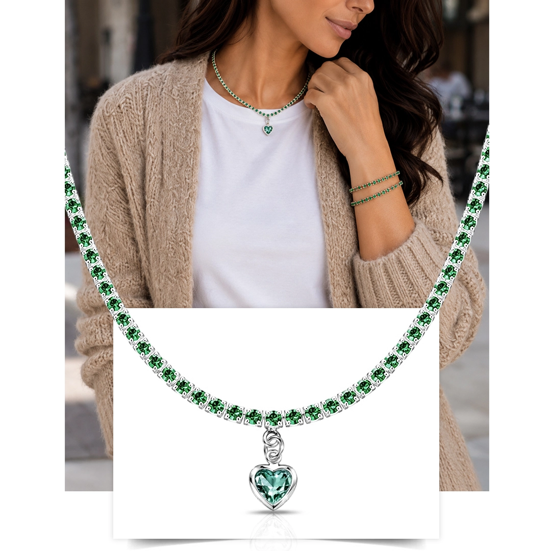 Gargantilha Choker Riviera com Zircônias Esmeralda e Pingente de Coração
