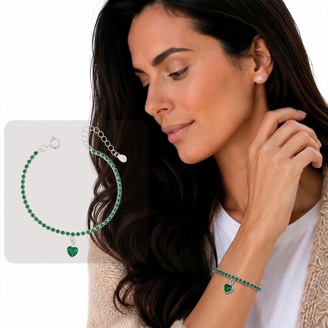 Pulseira Riviera Coração com Zircônia Esmeralda
