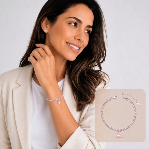 Pulseira Dupla Riviera com Pingente Oval de Zircônia Rosa