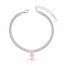 Pulseira Dupla Riviera com Pingente Oval de Zircônia Rosa