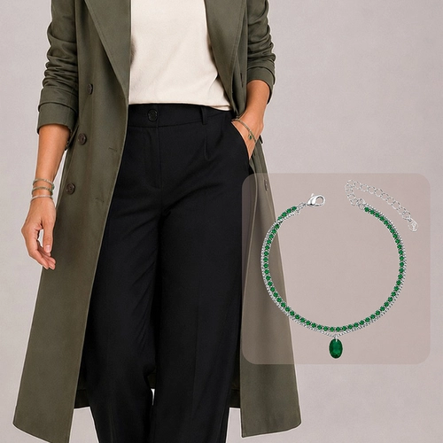Pulseira Dupla Riviera com Pingente Oval de Zircônia Esmeralda