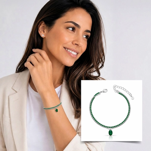 Pulseira Dupla Riviera com Pingente Oval de Zircônia Esmeralda