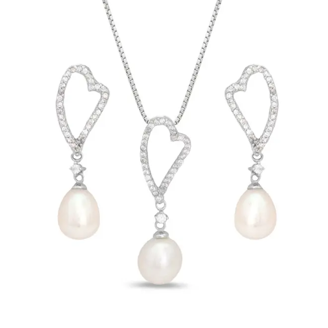 Conjunto de Coração com Zircônias Cristal e Pérola Biwa