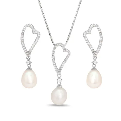 Conjunto de Coração com Zircônias Cristal e Pérola Biwa