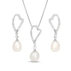 Conjunto de Coração com Zircônias Cristal e Pérola Biwa