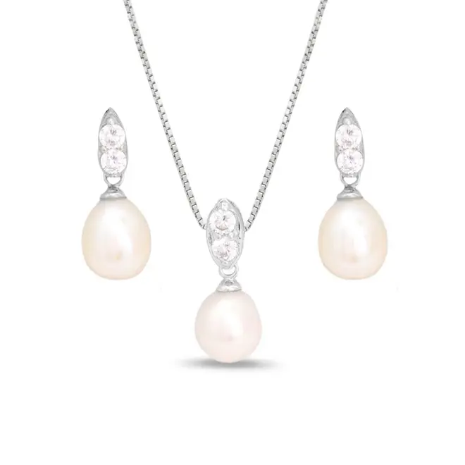 Conjunto Navete Pérola Biwa Gota com Zircônias Cristal