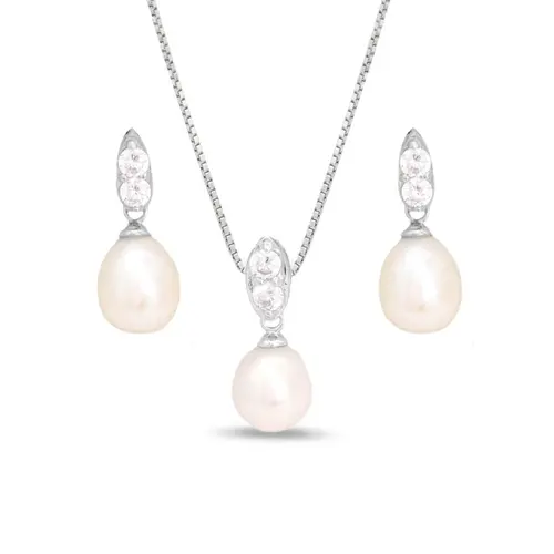 Conjunto Navete Pérola Biwa Gota com Zircônias Cristal