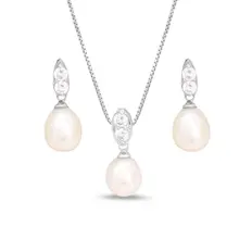 Conjunto Navete Pérola Biwa Gota com Zircônias Cristal