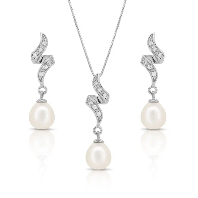 Conjunto de Onda Sinuosa com Pérola Biwa e Zircônias Cristal