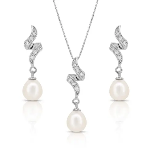 Conjunto de Onda Sinuosa com Pérola Biwa e Zircônias Cristal