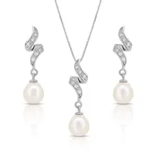 Conjunto de Onda Sinuosa com Pérola Biwa e Zircônias Cristal
