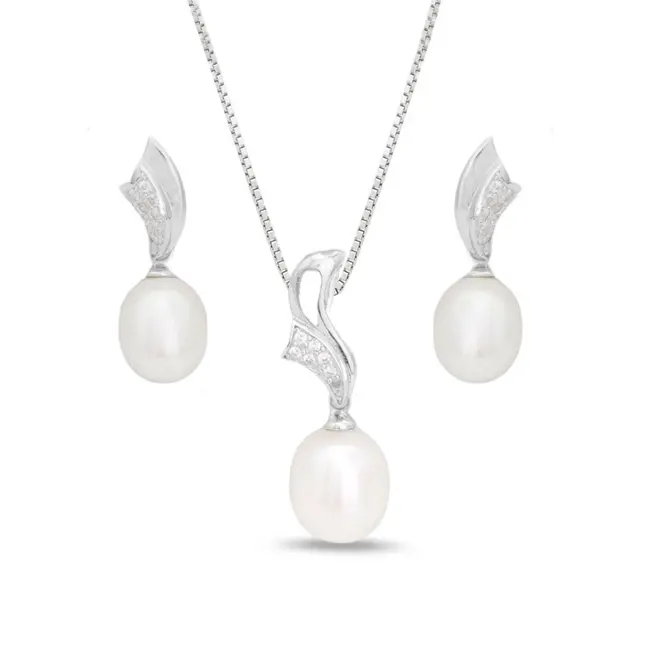 Conjunto de Onda com Pérola Biwa e Zircônias Cristal