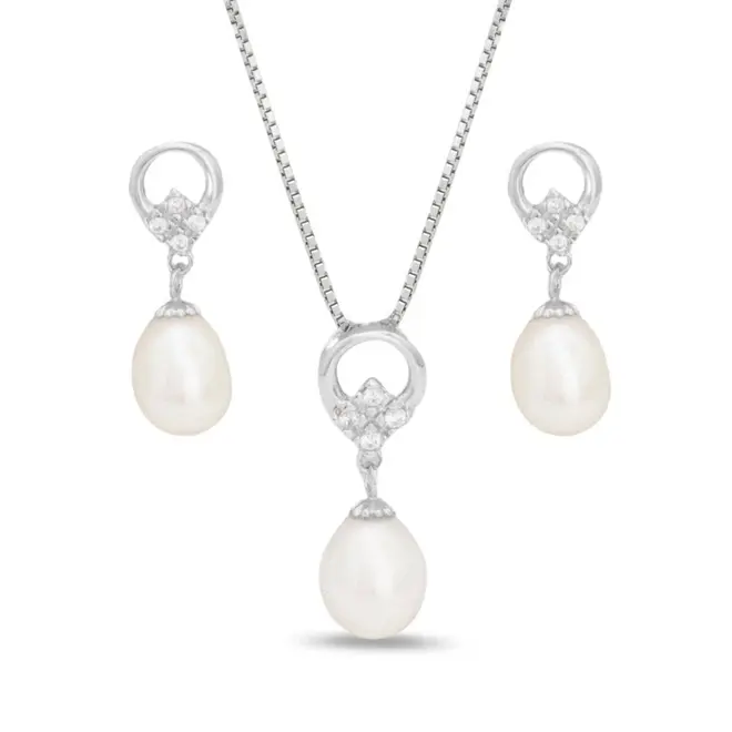 Conjunto de Gota com Pérola Biwa e Zircônias Cristal