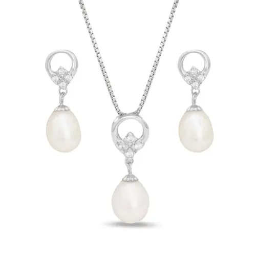 Conjunto de Gota com Pérola Biwa e Zircônias Cristal