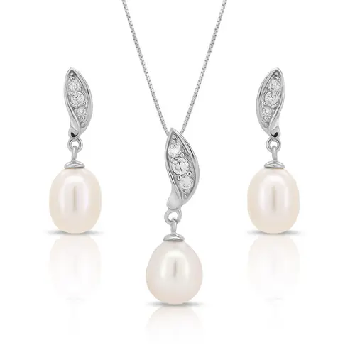 Gargantilha com Brincos e Pingente de Pérola Biwa e Zircônia Cristal