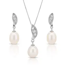 Gargantilha com Brincos e Pingente de Pérola Biwa e Zircônia Cristal