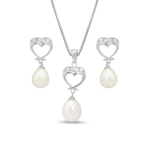 Conjunto Coração com  Zircônias Cristal e Pérola Biwa