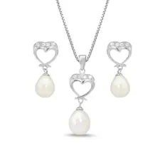 Conjunto Coração com  Zircônias Cristal e Pérola Biwa