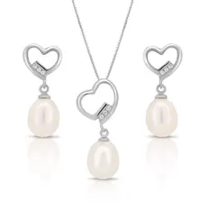 Conjunto de Coração com Pérola Biwa e Zircônias Cristal