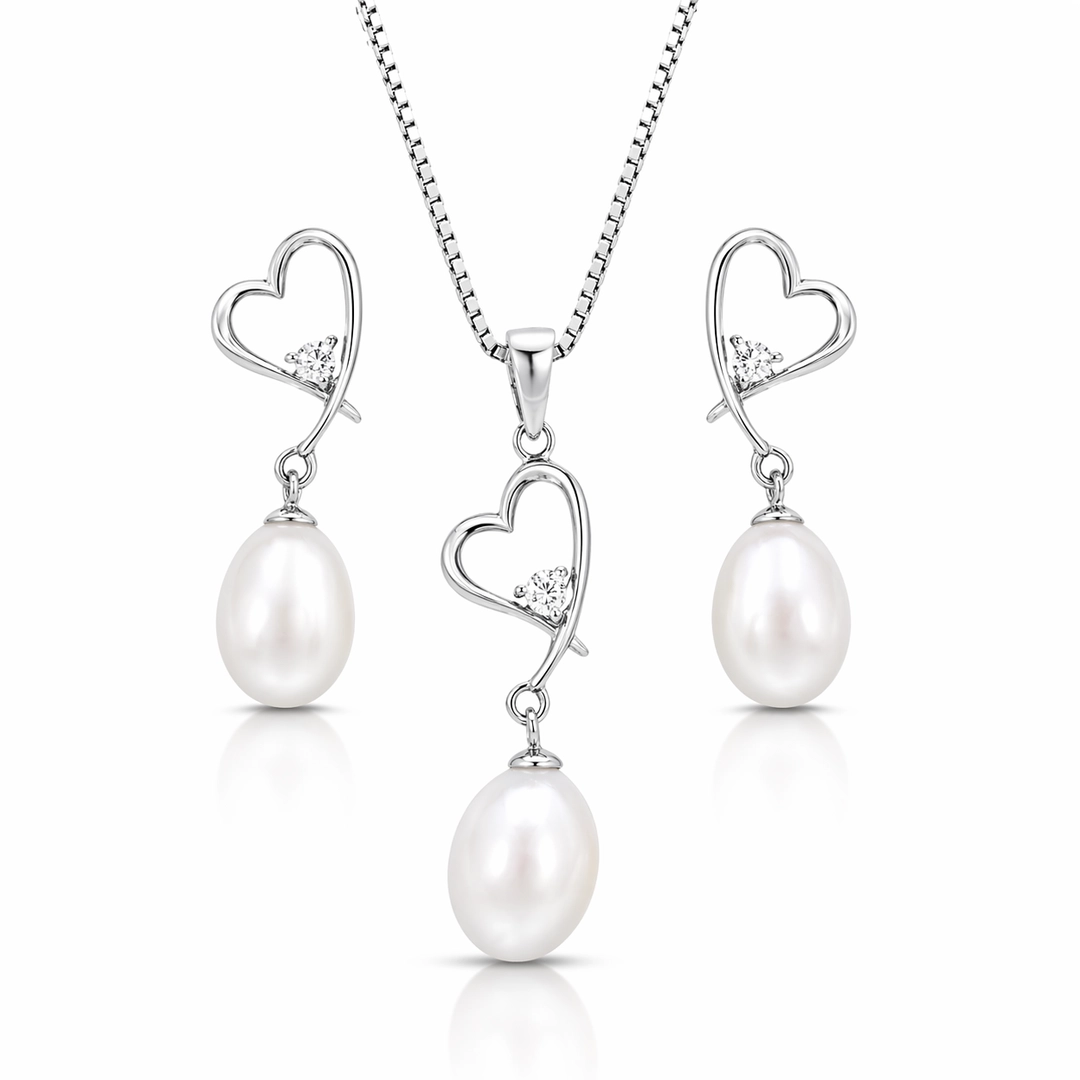 Conjunto de Coração com Zircônia e Pérola Biwa