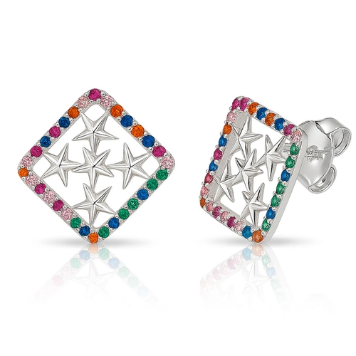 Brinco Top Quadrado Trabalhado com Zircônias Coloridas