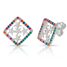 Brinco Top Quadrado Trabalhado com Zircônias Coloridas
