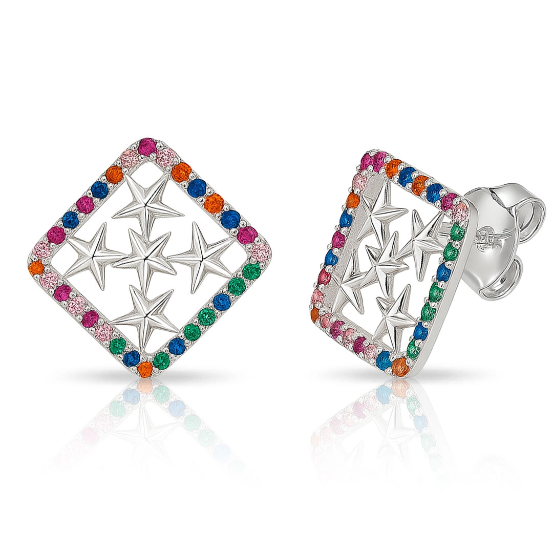 Brinco Top Quadrado Trabalhado com Zircônias Coloridas