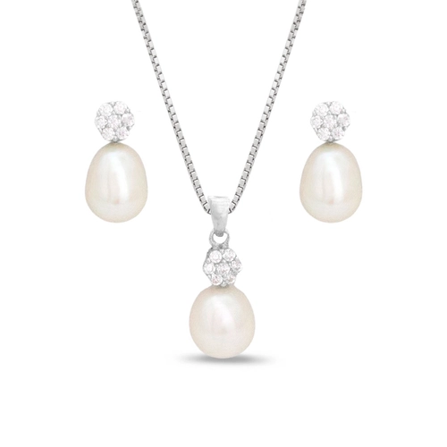 Conjunto de Flor com Pérola Biwa e Zircônias Cristal