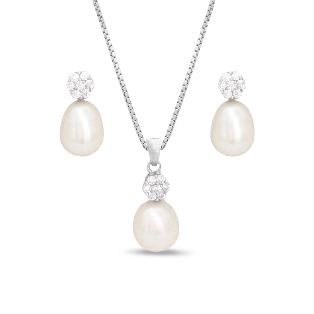 Conjunto de Flor com Pérola Biwa e Zircônias Cristal