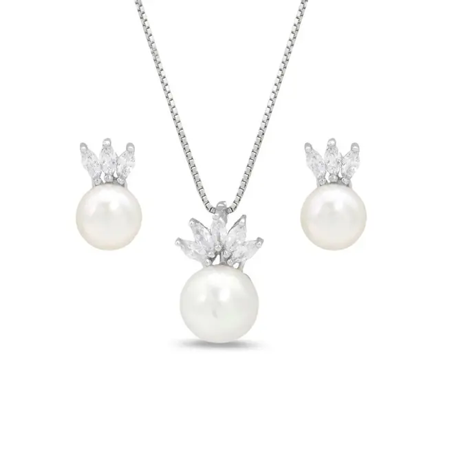 Conjunto Coroa com Zircônias Cristal e Pérola Biwa