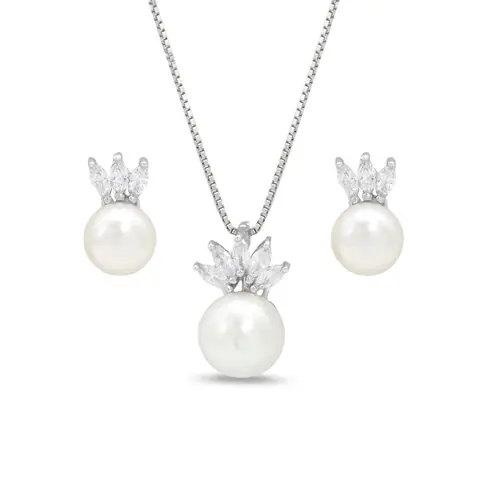 Conjunto Coroa com Zircônias Cristal e Pérola Biwa