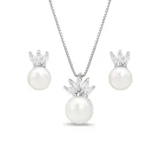 Conjunto Coroa com Zircônias Cristal e Pérola Biwa