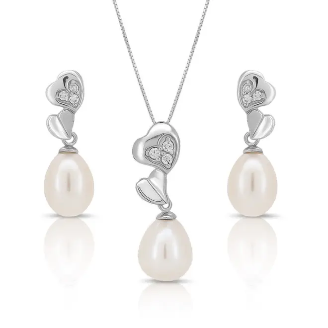 Conjunto Coração Duplo com Pérola Biwa e Zircônias Cristal