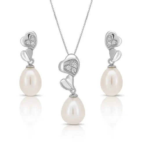 Conjunto Coração Duplo com Pérola Biwa e Zircônias Cristal