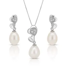 Conjunto Coração Duplo com Pérola Biwa e Zircônias Cristal
