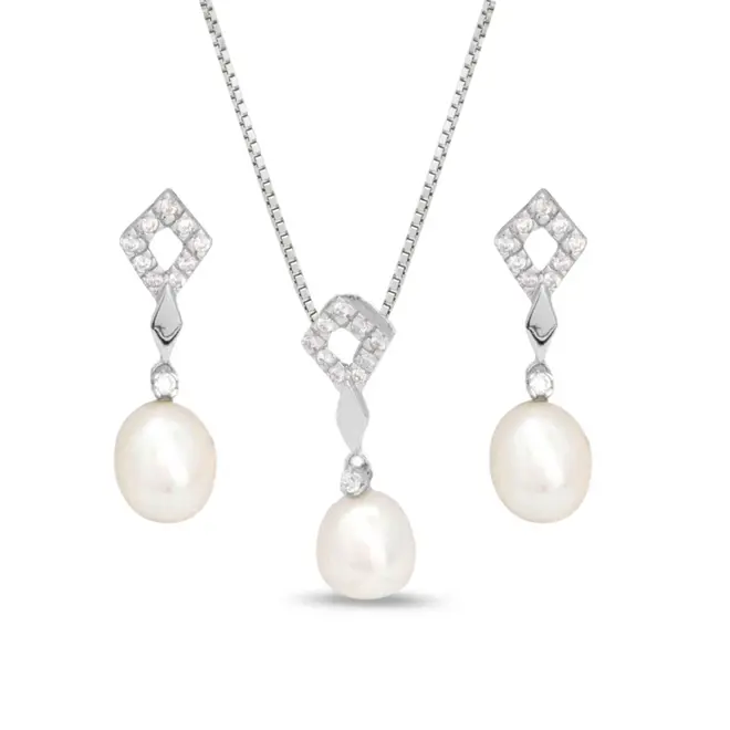 Conjunto Losango Pérola Biwa e Zircônias Cristal