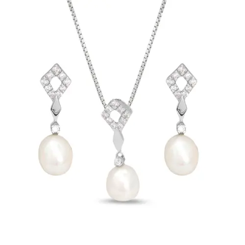 Conjunto Losango Pérola Biwa e Zircônias Cristal