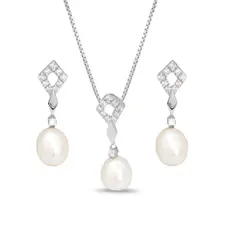 Conjunto Losango Pérola Biwa e Zircônias Cristal
