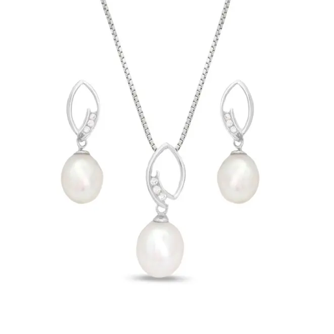 Conjunto Navete Pérola Biwa e Zircônias Cristal
