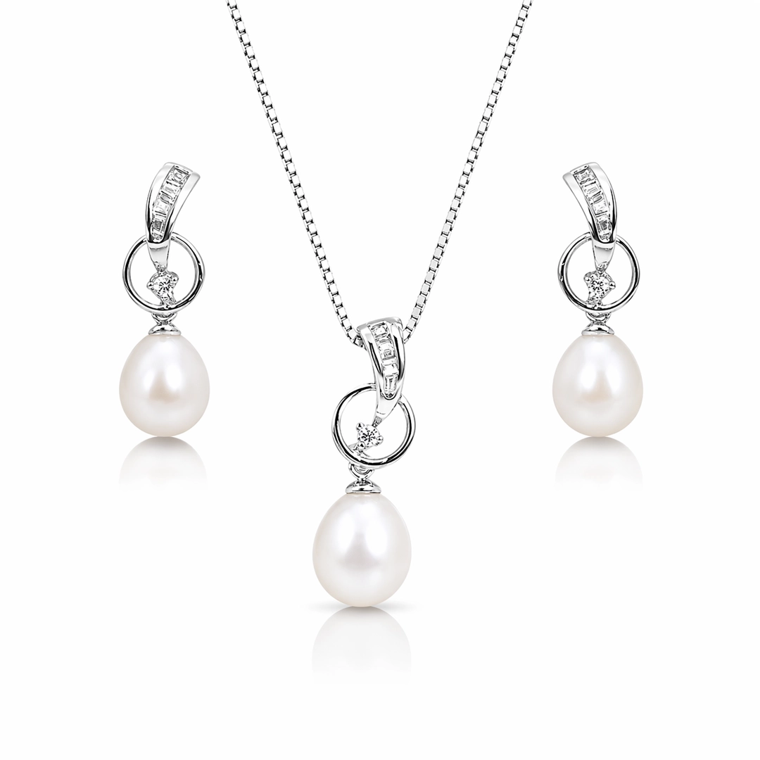 Conjunto Balanço com Peróla Biwa e Zircônias Cristal