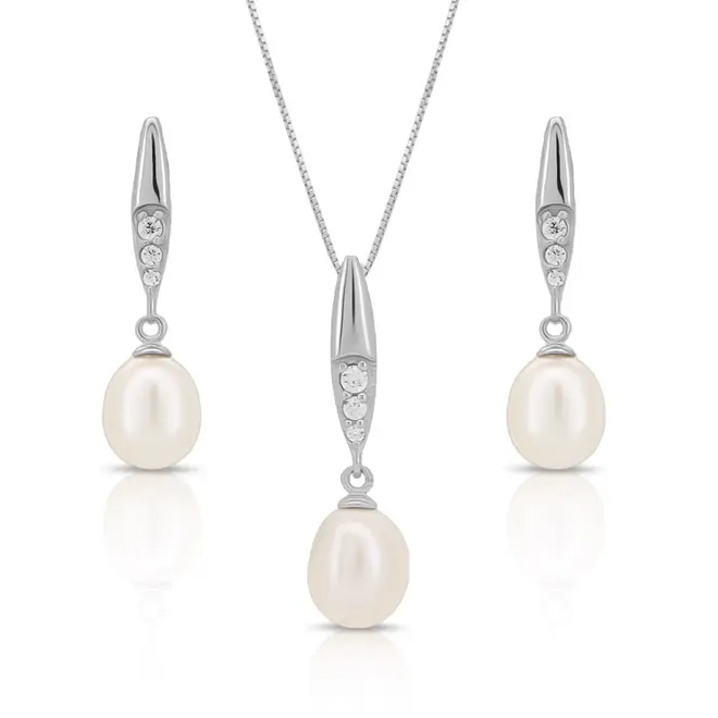Conjunto de Pérola Biwa e Zircônias Cristal