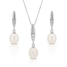 Conjunto de Pérola Biwa e Zircônias Cristal