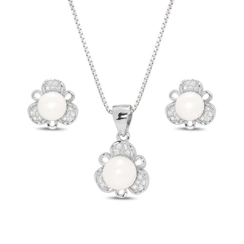 Conjunto de Flor com Zircônias Cristal e Pérola Biwa