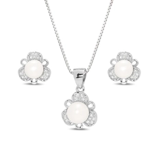 Conjunto de Flor com Zircônias Cristal e Pérola Biwa