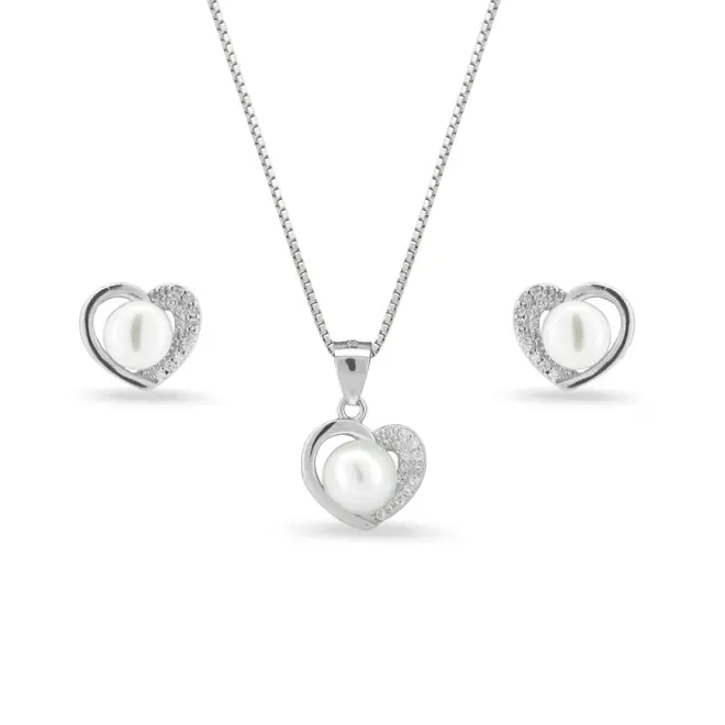 Conjunto de Coração com Pérola Biwa e Zircônias Cristal