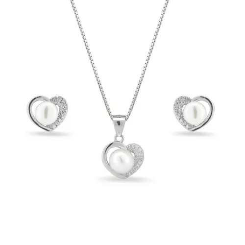 Conjunto de Coração com Pérola Biwa e Zircônias Cristal