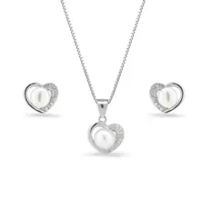 Conjunto de Coração com Pérola Biwa e Zircônias Cristal