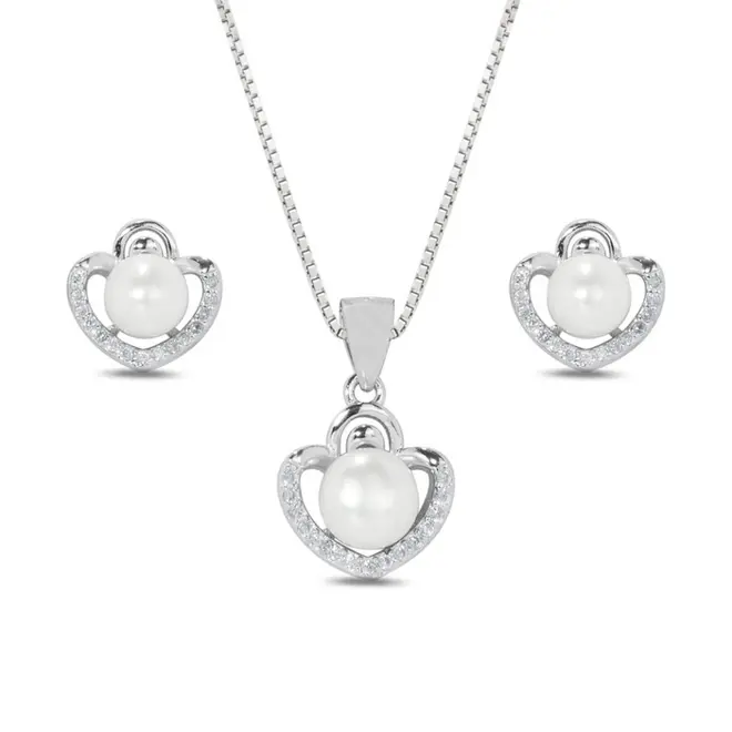 Conjunto Coração Adornado com Pérola Biwa e Zircônias Cristal