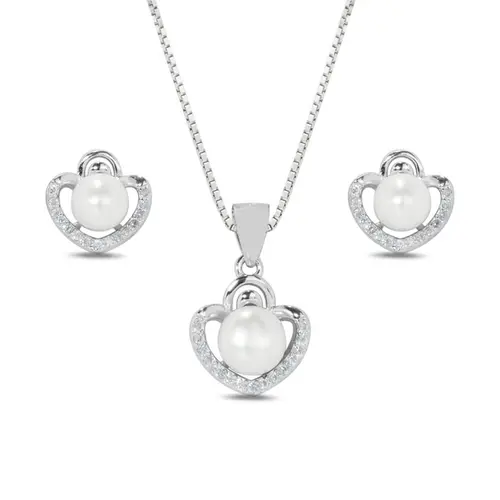 Conjunto Coração Adornado com Pérola Biwa e Zircônias Cristal